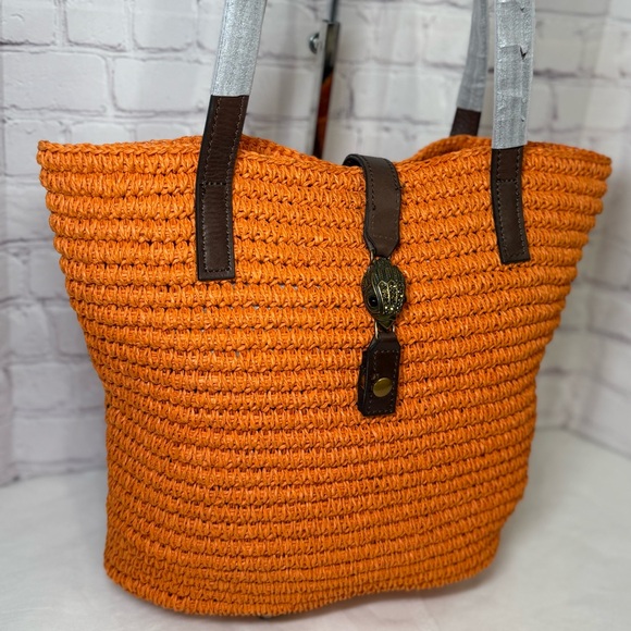 KURT GEIGER Hampton Raffia and Leather Shoulder Tote Bag Orange Brass Eagle Head - Picture 3 of 16